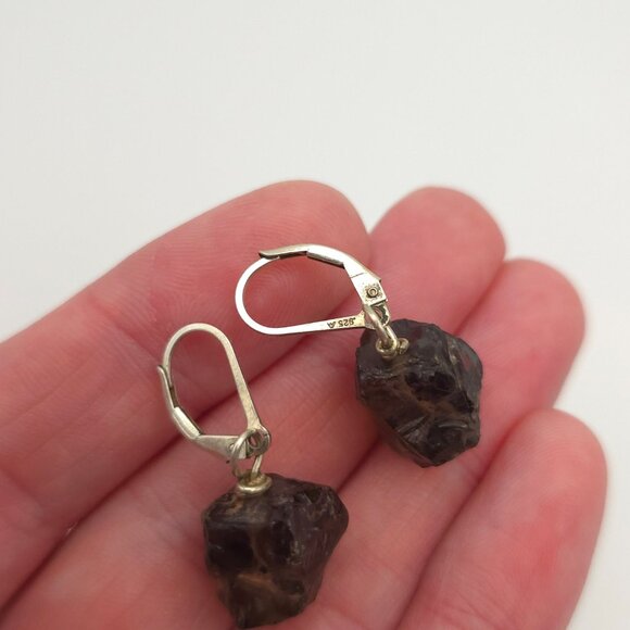 Sterling Silver Rough Smoky Quartz Stone Earrings A464 - Picture 4 of 6